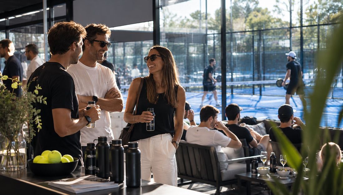 Zona social de un club de pádel durante una experiencia de marca