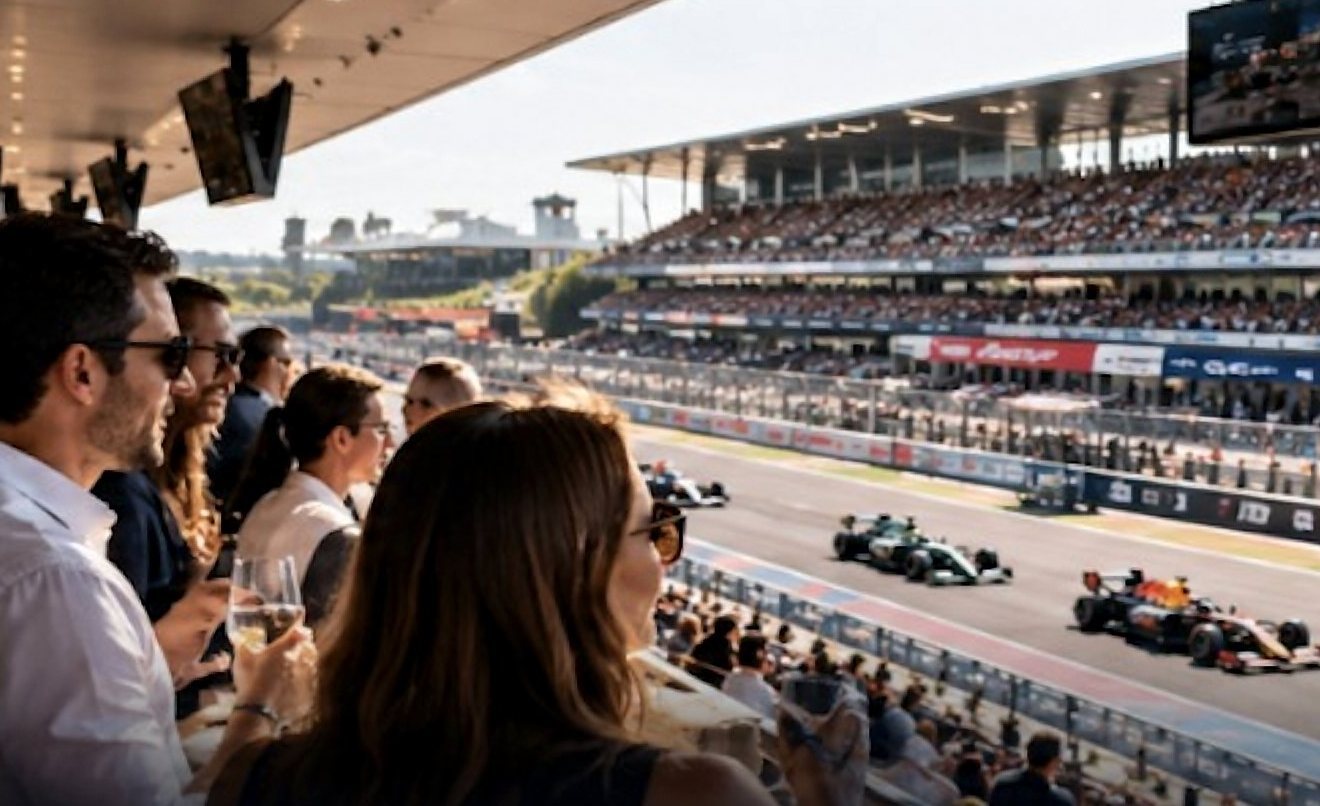 Grupo de ejecutivos viendo una carrera de Fórmula 1 desde un área de hospitality