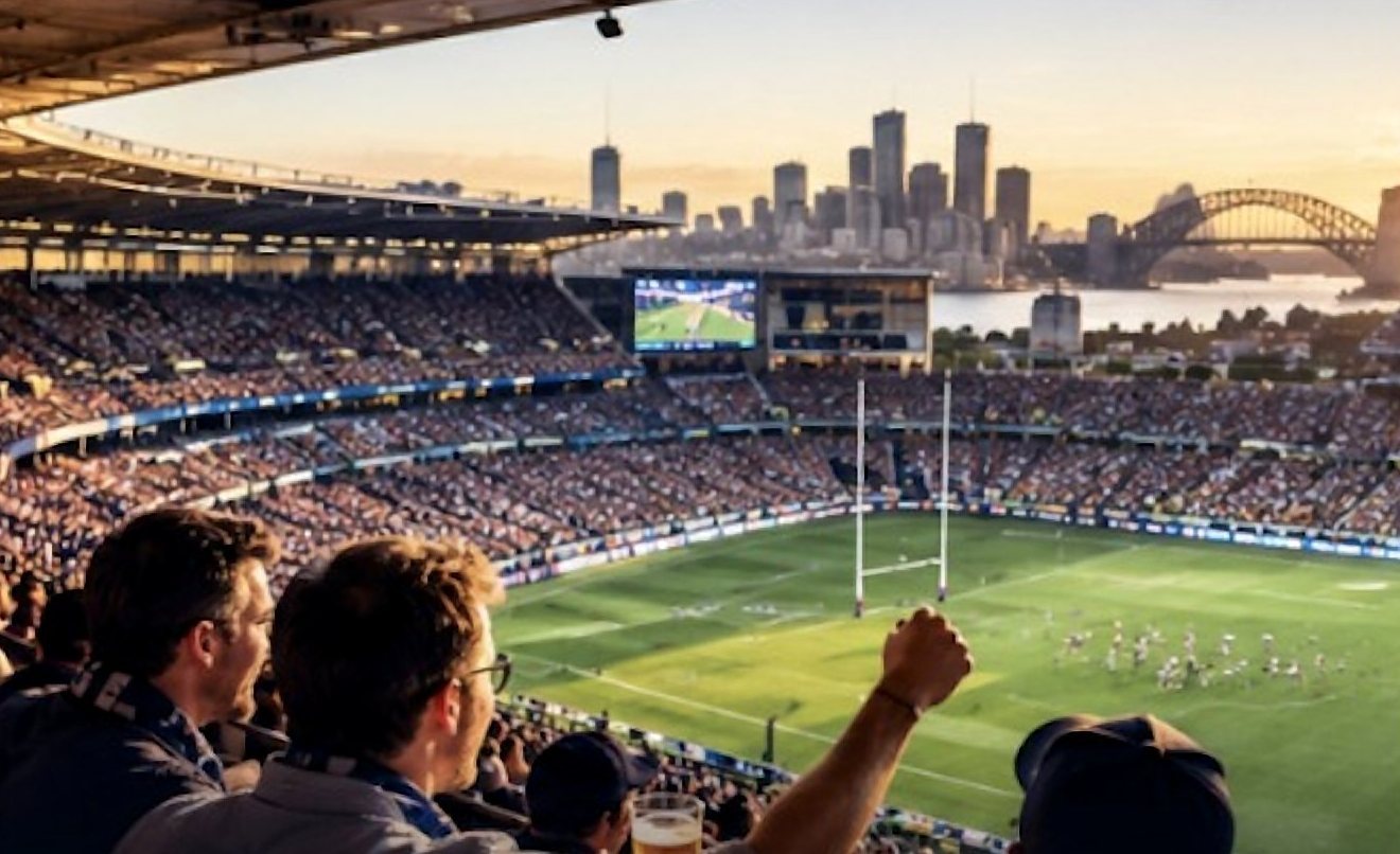 Equipo de una empresa animando en la grada de un estadio de rugby en Sídney
