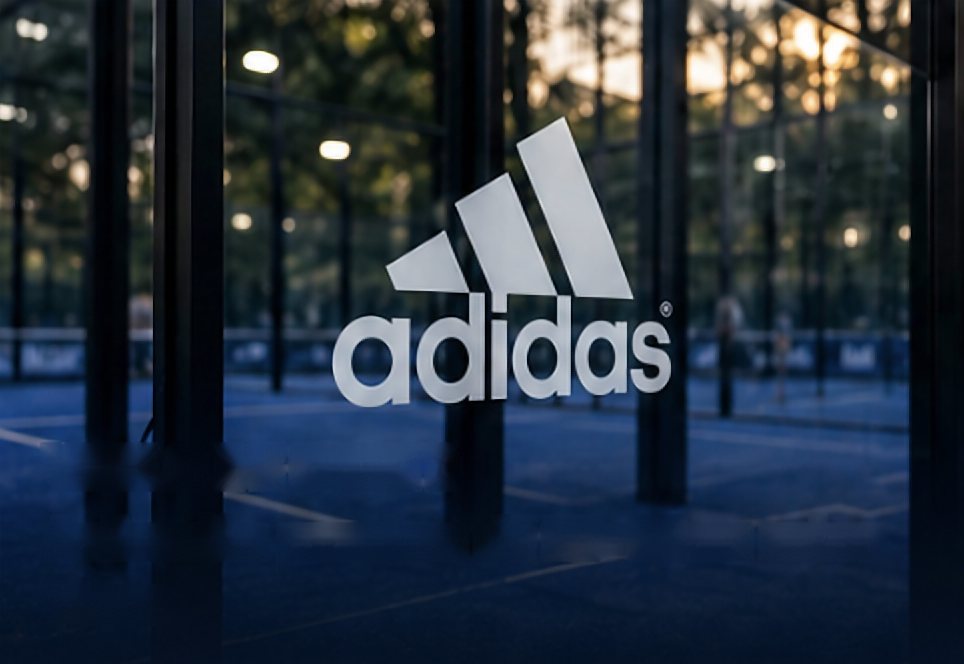 Vinilo de corte con el logo de adidas sobre el cristal de una pista de pádel
